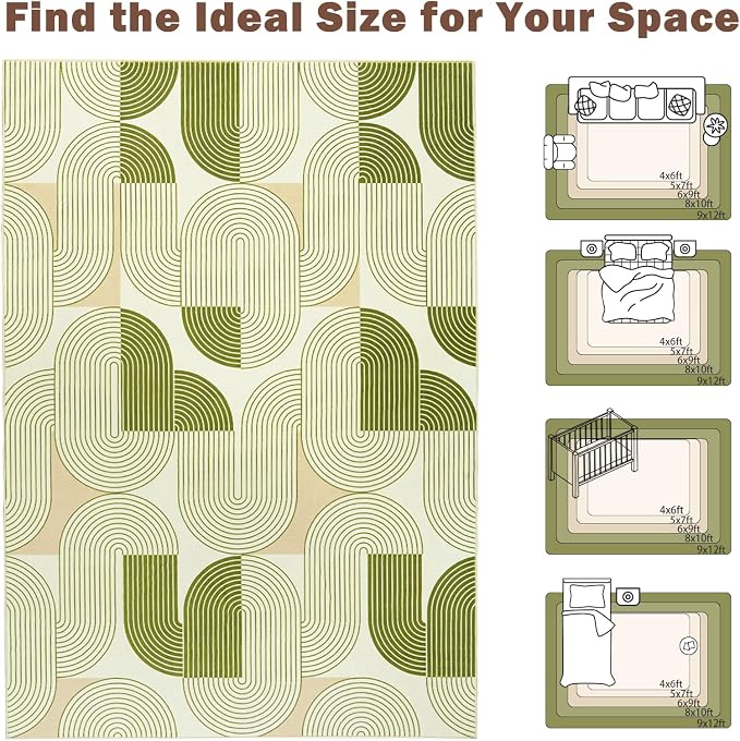 Rugs for Living Room, Soft Green Area Rug for Bedroom 4x6, Washable Mid Century Modern Rug, Non Slip Indoor Floor Boho Low Pile Abstract Carpet for Dining Room Nursery Office Home