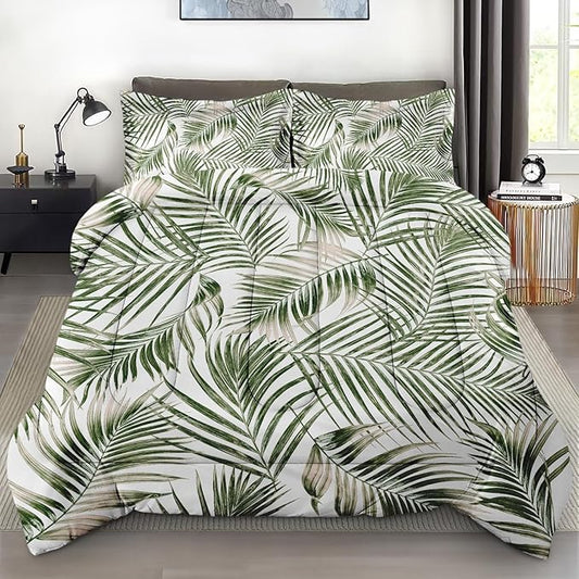 Comforter Set with Pillowcase Twin Size, Tropical Palm Tree Fronds Green Leaves, Bed Decor Botanical Plant Palm Leaf for Kids and Adults, Soft Cozy Bedroom Bedding Set