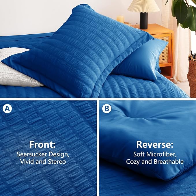 CozyLux Queen Comforter Set Classic Blue, 7 Pieces Seersucker Textured Luxury Bed in a Bag Queen, All Seasons Soft Bedding Sets with Down Alternative Comforter, Sheets, Pillowcases & Shams, Home Gift