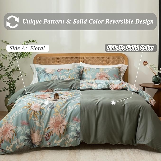 MILDLY Full Size Duvet Cover Set 100% Long-Staple Cotton Luxury Vintage Floral Patten Reversible Comforter Cover Set 3Pcs
