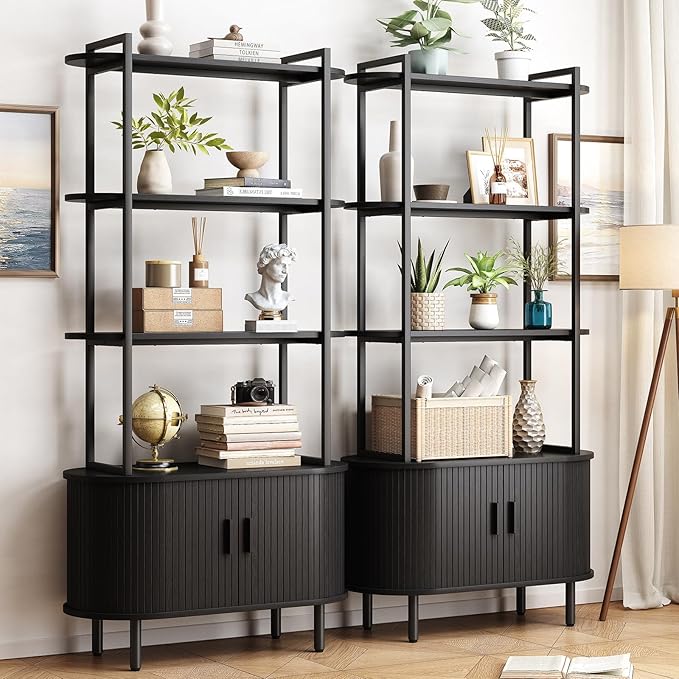 ONBRILL 71" Tall Bookshelf, 4-Tier Book Shelf with Storage Cabinet, Modern Bookcase with Sliding Door and Adjustable Footpad, Freestanding Storage Organizer Bookshelf for Living Room, Bedroom, Black