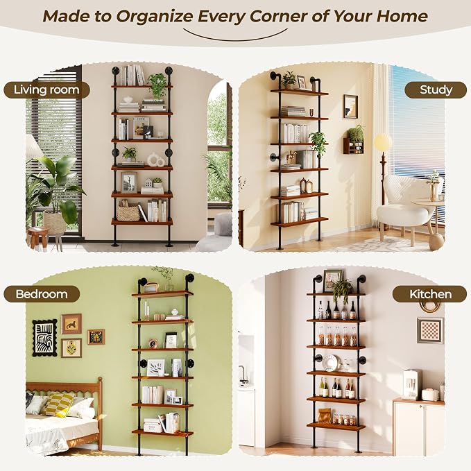 Pipe Industrial Shelves, Wall Mounted Wood Metal Ladder Rustic Bookshelf (Walnut Color, 6 Tier - 10" D x 30" W x 82.5" H)