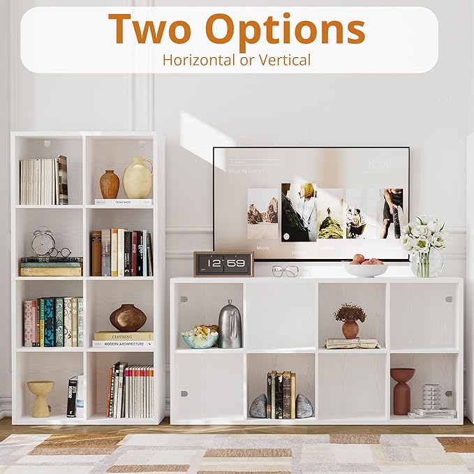IRONCK Bookshelf, 8-Cube Storage Cube Shelf Organizer, Extra Thick Frame Horizontally & Vertically Reversible Bookcase with Open for Living Room, Bedroom, Home Office, White