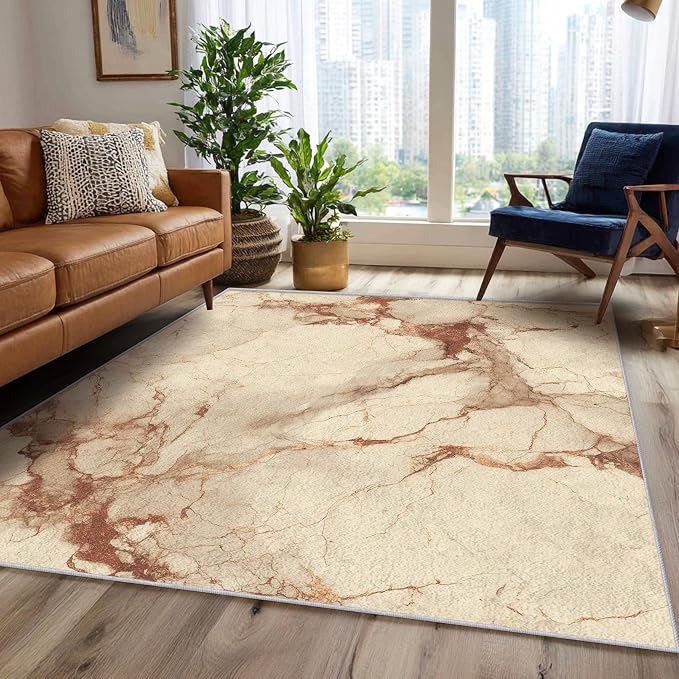 Beige Marble Abstract Area Rug, Vintage Stone Pattern Carpet, Washable Non Slip Low Pile Soft Thin, Living Room Bedroom Home Decor Mat 5x7ft