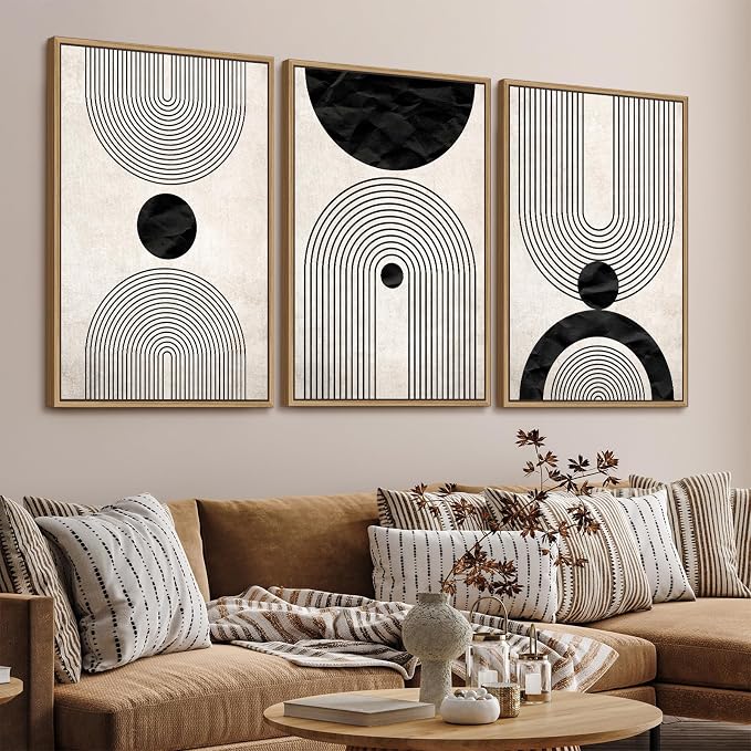 Framed Wall Art Canvas Set Mid Century Boho Pictures Modern Abstract Geometric Wall Decor Minimalist Black Beige Bohemian Canvas Painting Artwork for Living Room Bedroom Office 24"x36"x3 Natural