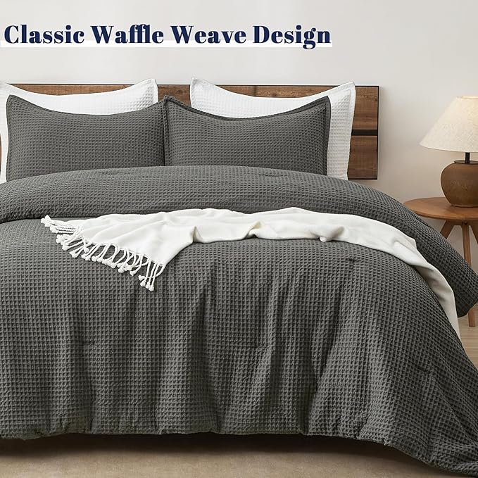 PHF Ultra Soft Waffle Weave Comforter Set California King Size, 3 Pieces Lightweight Breathable Comfy Bedding Set, Comfy Textured 1 Comforter with 2 Pillow Shams, Grey