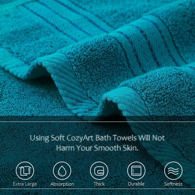 COZYART Crystal Teal/Peacock Blue Bath Towels for Bathroom 2 Pcs, 27x54 Cotton Bath Towel Set Super Soft Highly Absorbent Durable 650 GSM Shower Towels for Daily Use