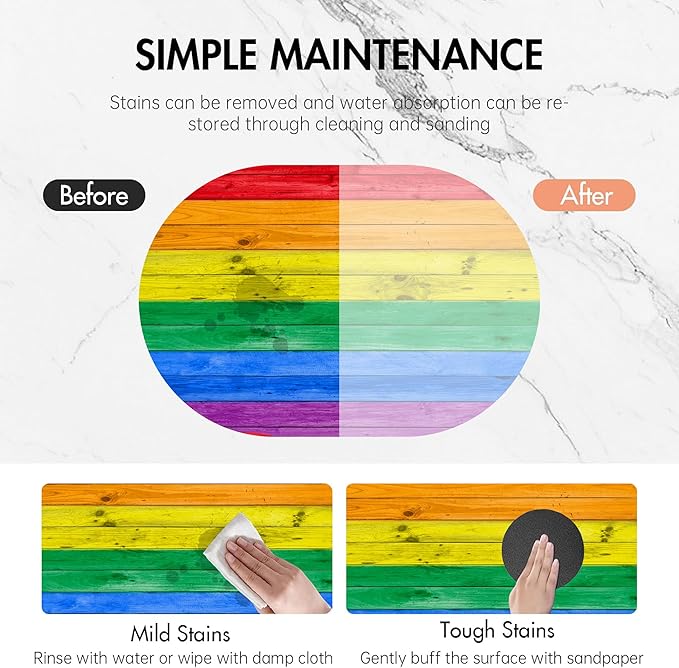 Oval Bath Mat Colorful Rainbow Wood Wall Diatomaceous Mud Mats with Rubber Backing Ultra Soft Washable 23.6"×15.7" Quick Dry Thin Bath Rugs for Bathroom Floor Bathtub Vanity Easy Care