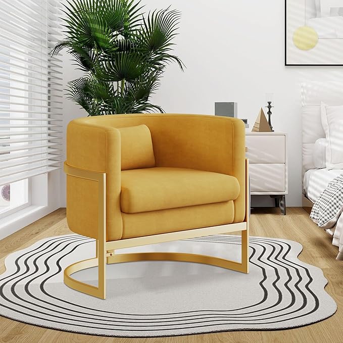 Velvet Accent Chair Modern Barrel Chair with Gold Legs Upholstered Armchair for Bedroom Living Room Sofa Chair Club Side Chairs Yellow