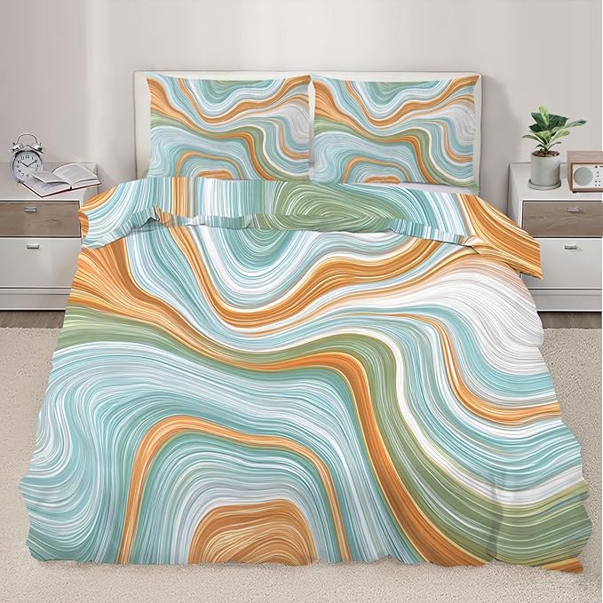 Modern Abstract Duvet Cover California King, Flowing Lines Gradient Bedding Set 3 Piece Bedroom Decor Retro Marble Patterned Comforter Cover with Zipper Ties & 2 Pillowcases