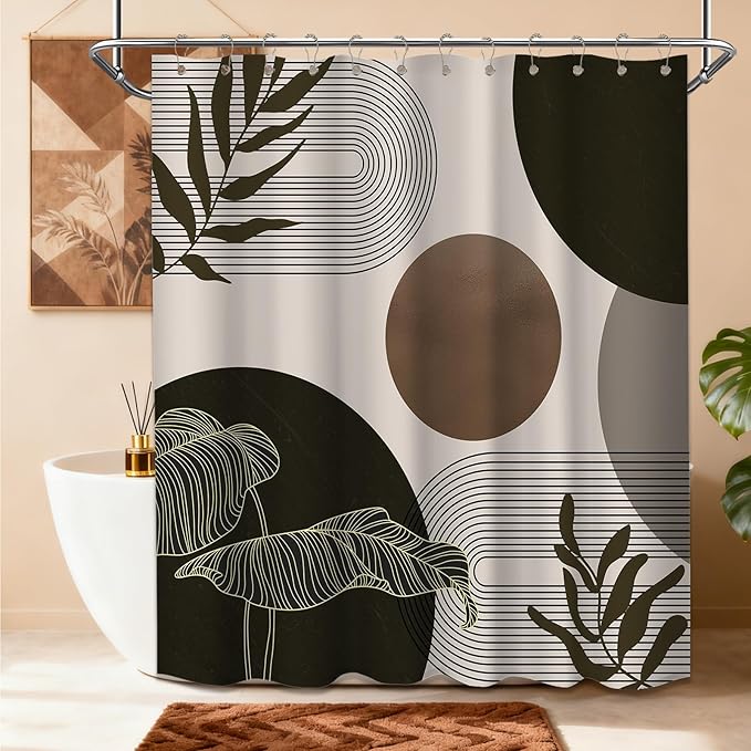 Brown and Beige Shower Curtain Light Brown Tan Taupe Boho Mid Century Modern Shower Curtains for Bathroom Decor MCM Mens Cool Bath Curtain Set, Waterproof Fabric with Hooks 70 x 78 Inch
