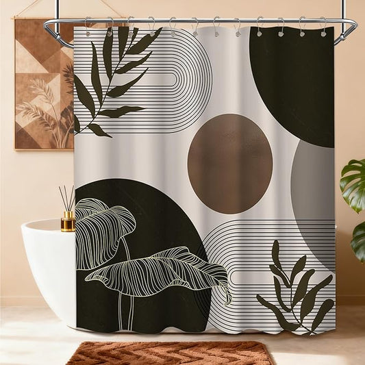 Brown and Beige Shower Curtain Light Brown Tan Taupe Boho Mid Century Modern Shower Curtains for Bathroom Decor MCM Mens Cool Bath Curtain Set, Waterproof Fabric with Hooks 70 x 78 Inch