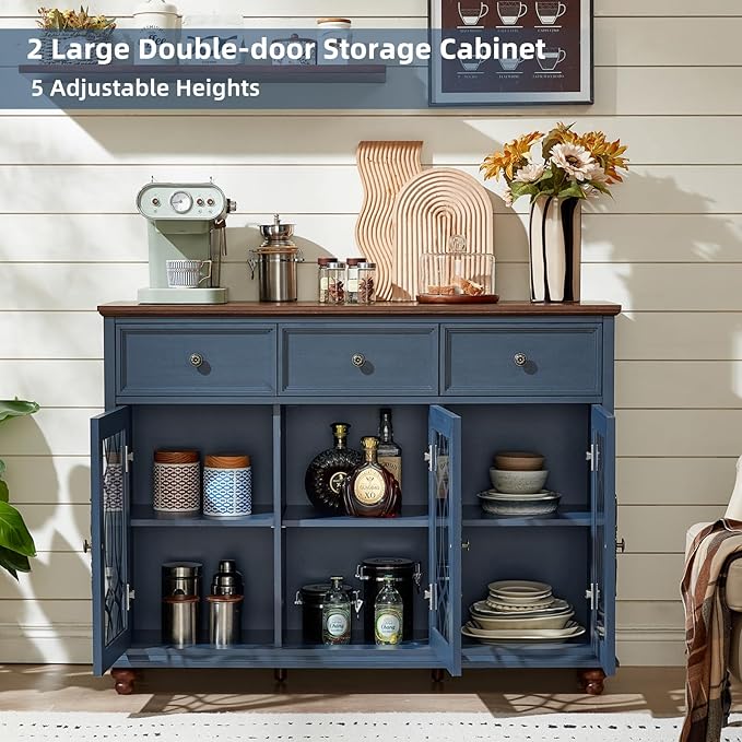Large Sideboard Buffet Cabinet Set of 2 with Storage,48" Credenza with 3 Glass Doors & 3 Drawers,Adjustable Shelves Coffee Bar,Wood Kitchen Console Table for Dining Room,Blue