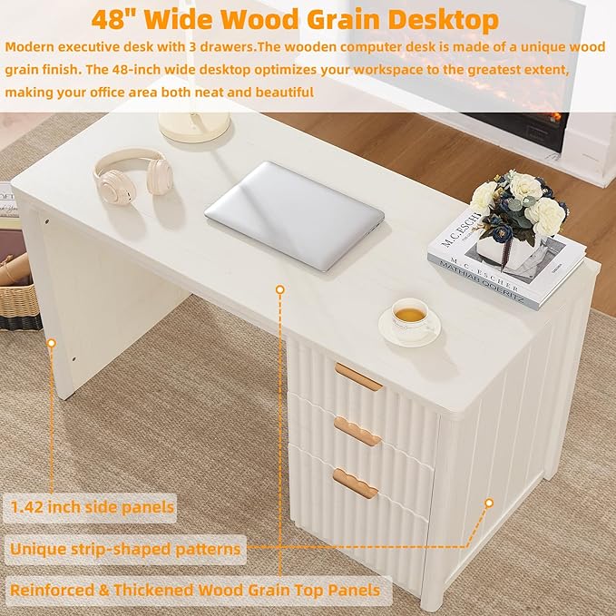 48" Modern Fluted Executive Desk with Storage Cabinet, White Large Home Office Desk with File Drawer & Metal Handles, Wood Computer Writing Table for Office,Study, Bedroom,Living Room