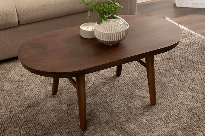 Kate and Laurel Conan Oval Wooden Mid-Century Coffee Table, 38 x 20 x 17, Walnut Brown, Rounded Living Room Table with Solid Mango Wood Construction and Tapered Dowel Legs