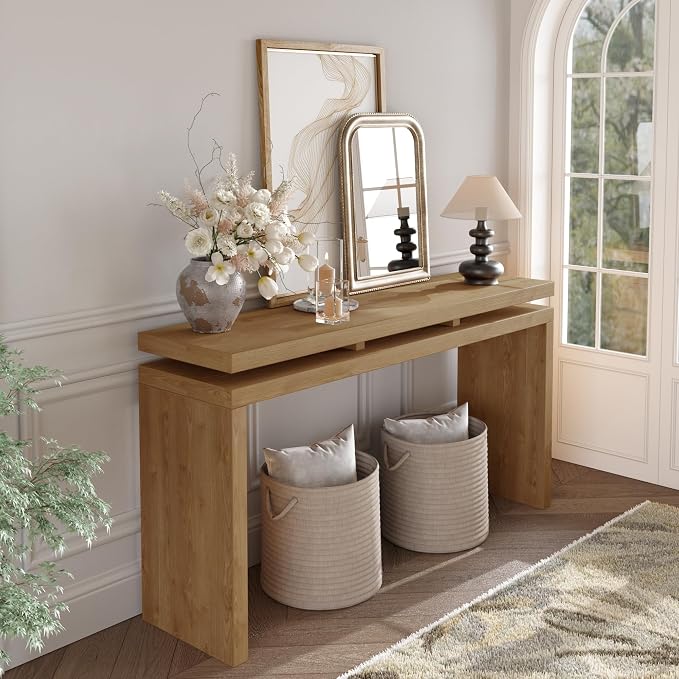 Wood Console Table, 60" Retro Narrow Long Sofa Table Behind Couch with Double Board Suspension Design and Solid Wood Finish for Hallway Entryway Living Room Entrance, Brown