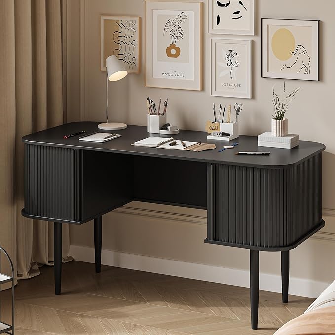 MAISONARIA 55" Modern Writing Desk with Storage, Wood Home Office Desk with Sliding Doors, Computer Desk for Home Office, Dorm, Living Room, Home Study Table, Black