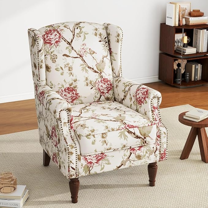 High Back Accent Chair, Fabric Wingback Chair Upholstered Armchair for Living Room - Beige Floral