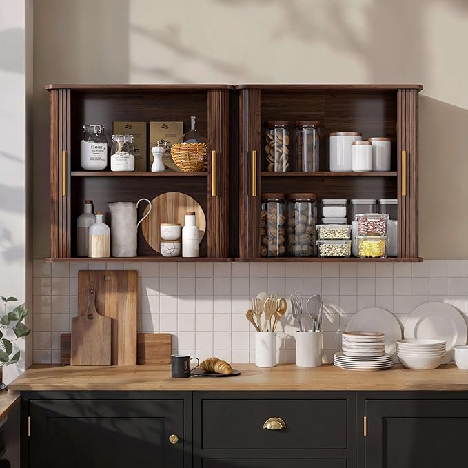 FIMELLO 59" W Laundry Room Cabinets Wall Mounted, Kitchen Wall Cabinet with Sliding Tambour Door, Floating Cabinet for Wall, Upper Cabinets, Hanging Wall Cabinets, Brown Walnut