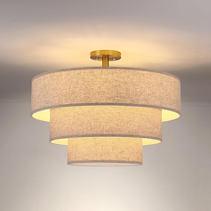 Doraimi Lighting 3 Tier Milky Apricot Linen Drum Fabric Semi Flush Mount Light Modern Farmhouse Decor 7 Light 24 Inch Retro Gold Finish for Kitchen Living Room Dining Room Corridor Hallway