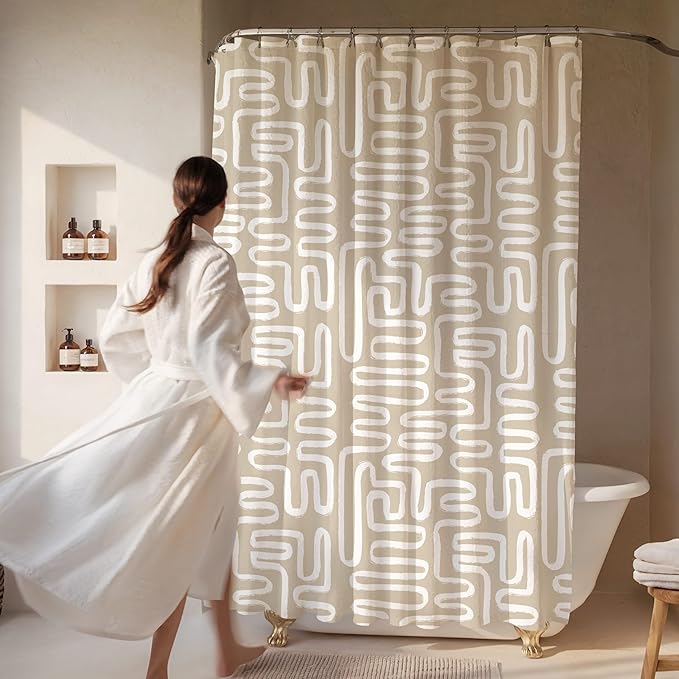 Linen Beige White Abstract Print Shower Curtain - Boho Pattern - Modern Minimalist Home Decor - Neutral Scandi Style Fabric Shower Curtain For Any Bathroom - 72x72 Inches (Linen Lines)