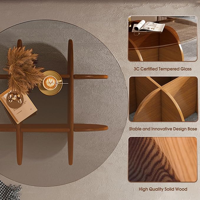Glass Coffee Tables for Living Room Modern Elegant Round Coffee Table Mid Century Farmhouse Center Table with Solid Wood Frame and Tempered Glass Tabletop, Easy Assembly,31.5''
