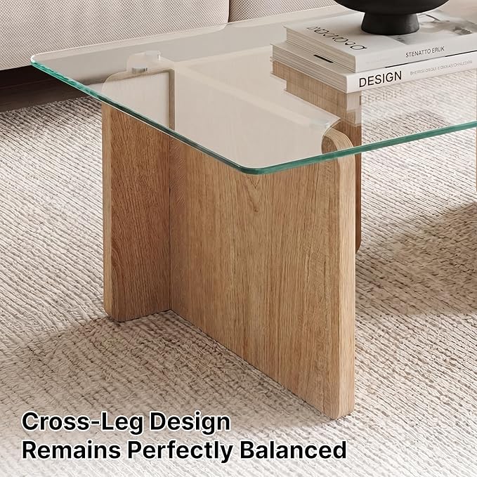 Modern Glass Coffee Table, 39.4 Inches Rectangular Center Tables for Living Room, Coffee Table with Wood Cross Base Easy Assembly Natural