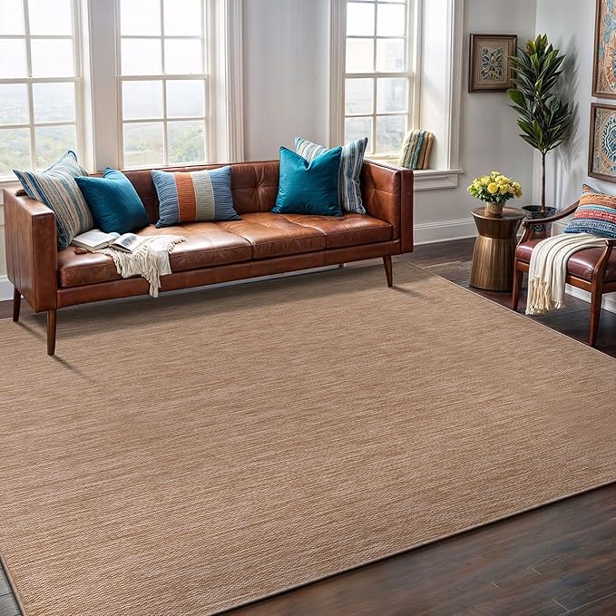 Washable Indoor Outdoor Rug 10x14 Weather Resistant Area Rugs Modern Solid Jute Rug for Porch Deck Balcony Backyard Patio Outside Carpet (10 X 14 Jute Beige)