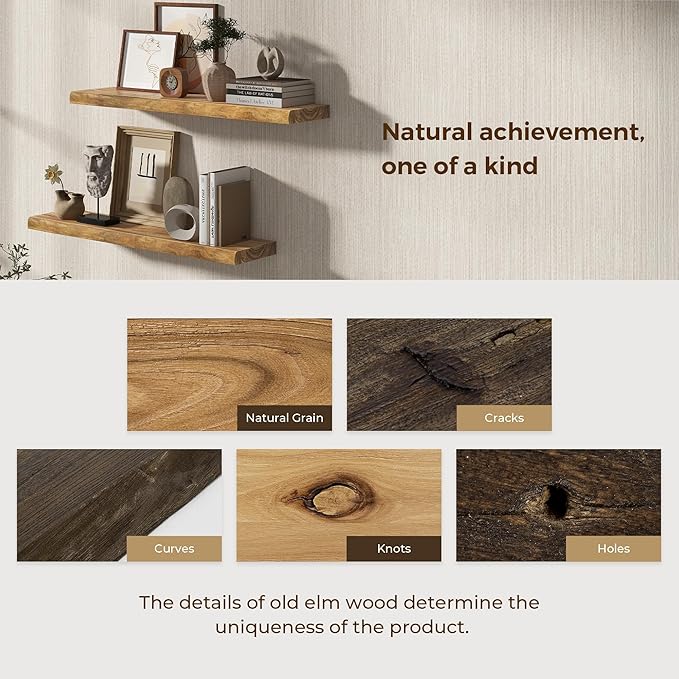 Dreamland 24 Inch Floating Shelves, Rustic Elm Wood Live Edge Wall Shelf for Home Decor, 8 Inch Deep Floating Shelf for Wall, 24 x 8 Bathroom Shelves Set of 2, Natural Color