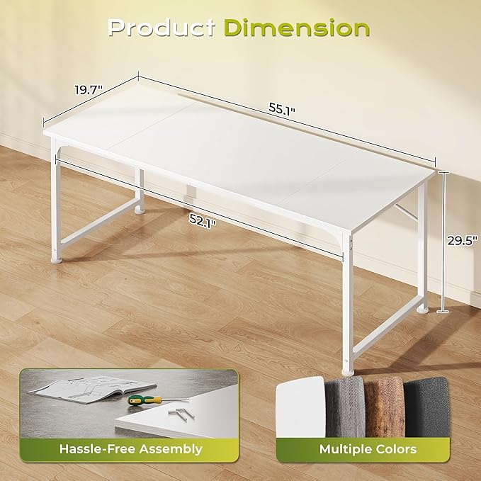 PRAISUN 55 Inch Computer Desk, Home Office Desk with Spacious Desktop, Modern Gaming Desk, Writing Study Table for Bedroom, Small Spaces, Work from Home Desk with Metal Frame, White
