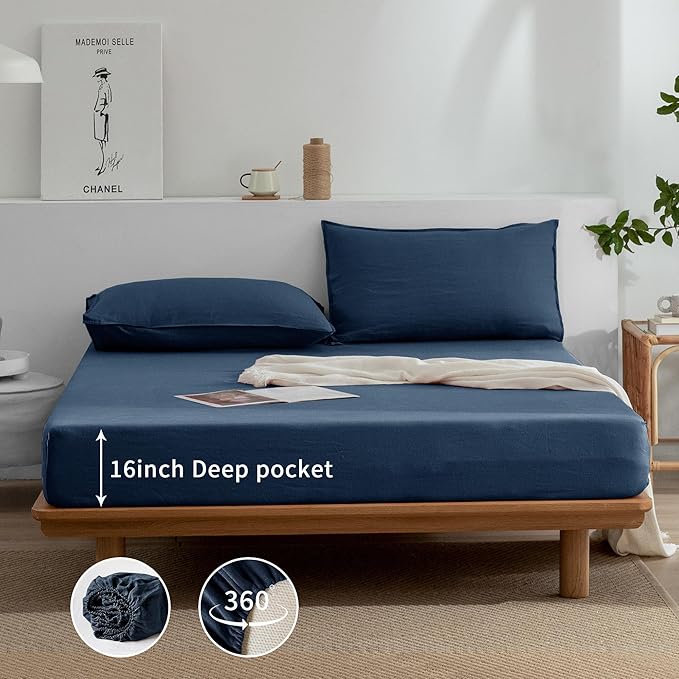 EVERLY Linen Sheets Set King Size,100% French Stonewash Pure Linen Bed Sheets,4Pieces (1Flat Sheet,1Fitted Sheet,2Pillowcase) Suitable for Hot Sleepers,Deep Pocket Natural Bedding Set-Navy Blue