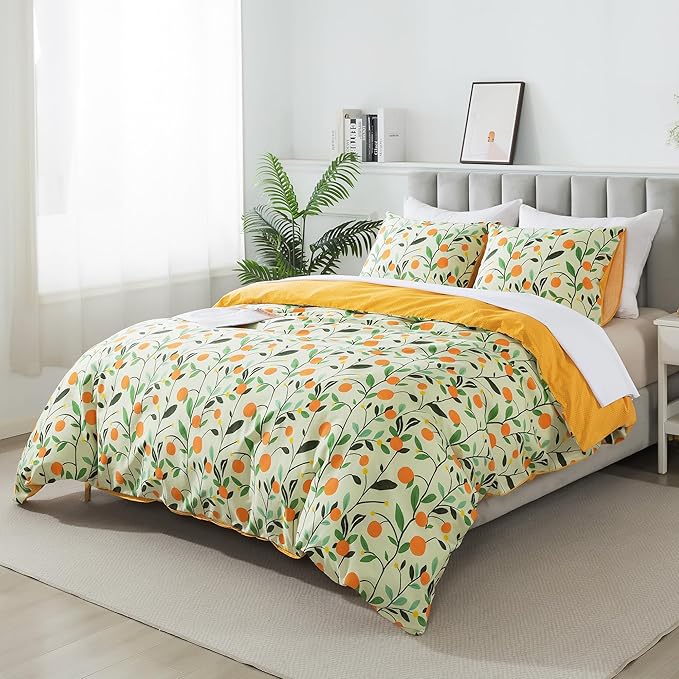 HoneiLife Duvet Cover Queen Size - Cotton Comforter Cover Floral Duvet Cover Sets 3-PC, Wildflower Duvet Cover with Zipper Closure & Corner Ties, Botanical Comforter Cover Sets, Fruit
