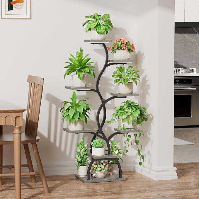 EVAWOO Plant Stand Indoor with Grow Light - 8 Tiered Plant Shelf Indoor, Corner Plant Stand, 49" Tall Plant Shelf with Lights for Indoor Growing, Lighted Flower Holder for Living Room, Balcony (Gray)