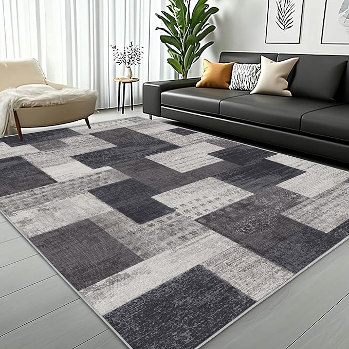 Modern Geometric Patchwork Indoor Area Rug for Living Room, Charcoal 4'x 6' Large Rug Rockwood Collection Hardwood Floors Decor for Bedroom, Grey Throw Carpet for Office Entryway Dining Room