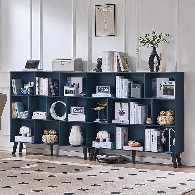 LEYAOYAO 10 Cube Bookshelf,3 Tier Modern Wide Bookcase with Legs,Mid-Century Wood Bookshelves Storage，Dark Blue Large Book Case,Freestanding Organizer Display Shelf for Bedroom,Living Room,Office