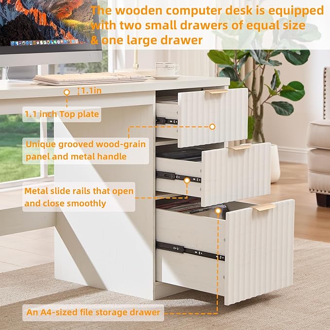 48" Modern Fluted Executive Desk with Storage Cabinet, White Large Home Office Desk with File Drawer & Metal Handles, Wood Computer Writing Table for Office,Study, Bedroom,Living Room