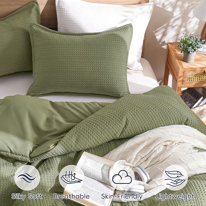 PHF Soft Waffle Comforter Set Twin Size- Comfy Breathable Waffle Weave Comforter with 1 Pillow Shams, 2 Pieces Less Snagging Lightweight Textured Bedding Set for All Season, Olive Green