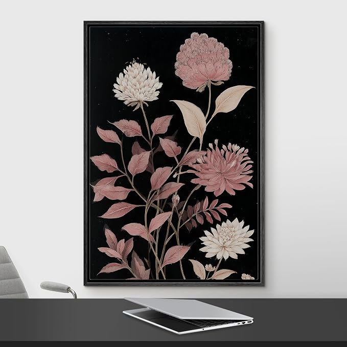 Woodrose Framed Canvas Print Wall Art Soft Pink Floral Arrangement Vintage Style Botanical Illustrations Modern Art Minimalist 3D Colorful Ultra for Living Room, Bedroom, Office - 24"x36" BLACK
