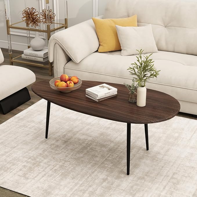 Giantex Oval Coffee Table, Mid Century Modern Center Table with Sturdy Metal Frame and Compact Design, Vintage Accent Cocktail Tea Table, Wood Living Room Tables for Small Spaces (Walnut)