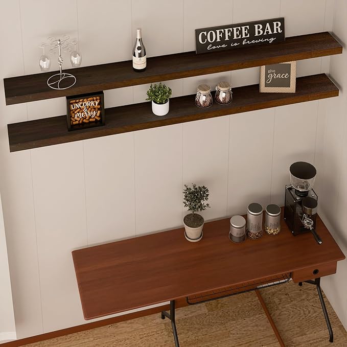 IEO Long Wooden Floating Shelves for Room Wall, Natural Wood Floating Shelves Wall Mounted Kitchen Shelf for Living Room, Bedroom, Kitchen,Bathroom, Storage (Walnut, 72in 2tier)