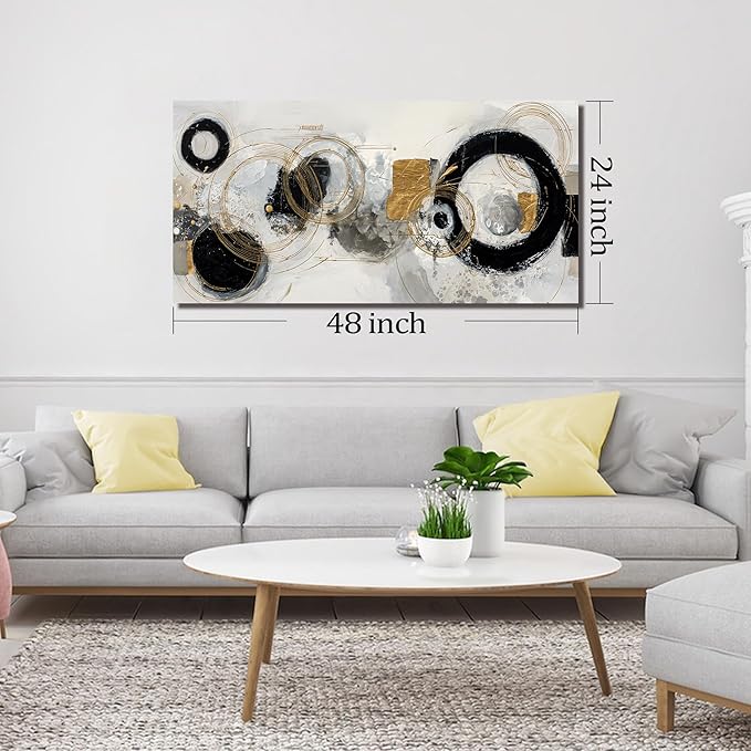 Abstract Circle Canvas Wall Art for Office Modern Wall Decor for Dining Room Black White Gold Pictures Wall Art for Bedroom Size 24 x 48 Inch