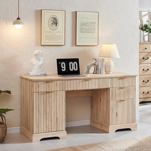 JXQTLINGMU 58" Modern Executive Desk with Storage, Wood Home Office Desk with 5 Drawers & 1 Cabinet, Fluted Computer Writing Desk for Study, Living Room, Bedroom, Oak