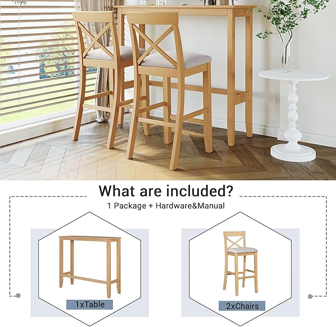 VilroCaz Farmhouse 3-Piece Counter Height Wood Kitchen Dining Sets, Home Bar Pub Kitchen Breakfast Set, 48'' Long Bar Table with 2 Upholstery Chairs for Small Places