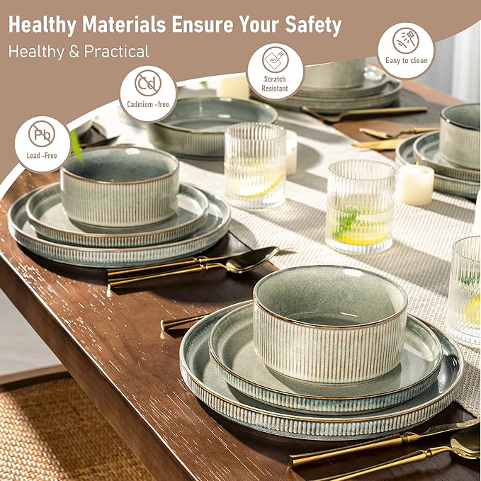 GBHOME 18-Piece Stoneware Dinnerware Set for 6 – Ribbed Ceramic Plates and Bowls, Scratch-Resistant, Microwave & Dishwasher Safe, Reactive Glaze, Desert Sage