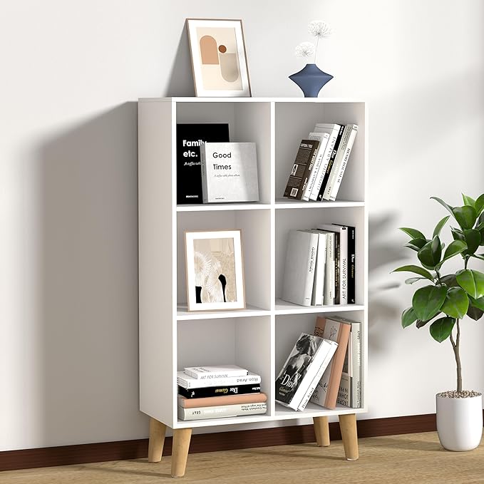 6 Cube Storage Organizer with Legs, 3 Tier Cube Low Bookcase Freestanding Storage Display Organizer for Home Office, Three-Cubes Open Shelf Short Bookshelf (White, 6 Cube Vertical)