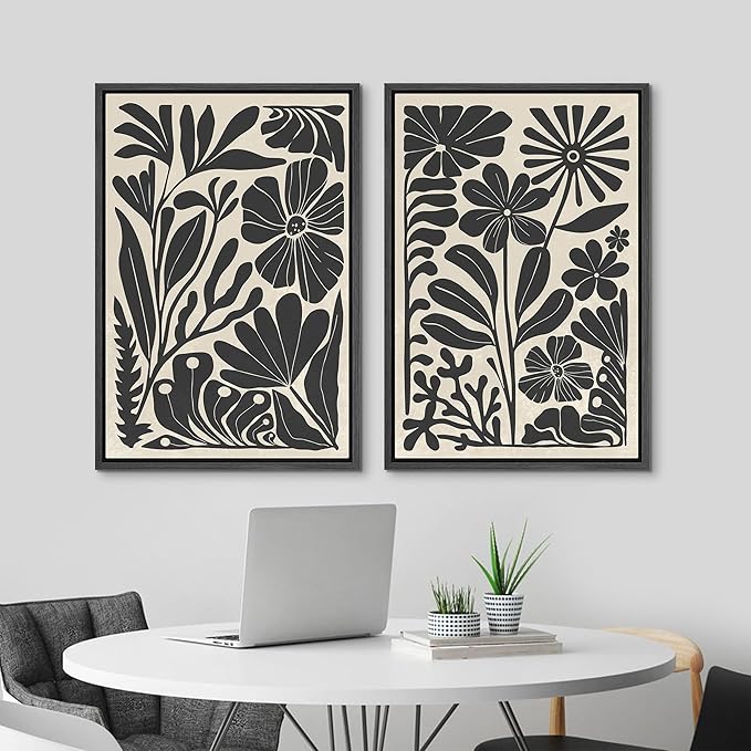 MUDECOR Framed Canvas Wall Art Abstract Floral Botanical Prints Minimalist Modern Art Boho Wall Decor for Bedroom - 24"x36"x2 Black