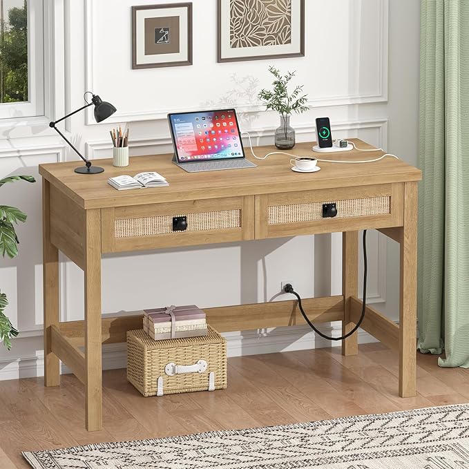 YOMILUVE Rattan Computer Desk with 2 Drawers, 39 Inch Small Desk with Power Outlets, Farmhouse Boho Vanity Desks, Compact Writing Study Table for Small Spaces, Oak