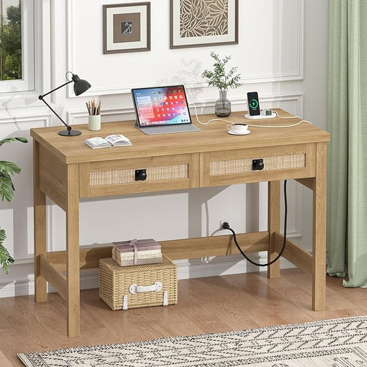 YOMILUVE Rattan Computer Desk with 2 Drawers, 39 Inch Small Desk with Power Outlets, Farmhouse Boho Vanity Desks, Compact Writing Study Table for Small Spaces, Oak