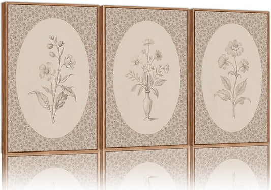 Rantodecor Vintage Flower Framed Canvas Wall Art Triptych, Rustic Floral Wall Decor, Retro Sketch Botanical Art Paintings, Antique French Cottage Artwork for Girls Bedroom Living Room Bathroom 16"x24"