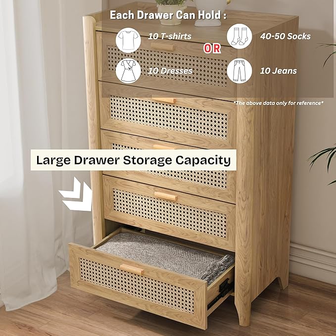 ELISA HOME Rattan-Inspired 5 Drawers Dresser for Bedroom, 47.2" Tall Dressers, Wood Drawer Organizer for Clothes, Entryway, Hallway, Nursery or Living Room, Oak